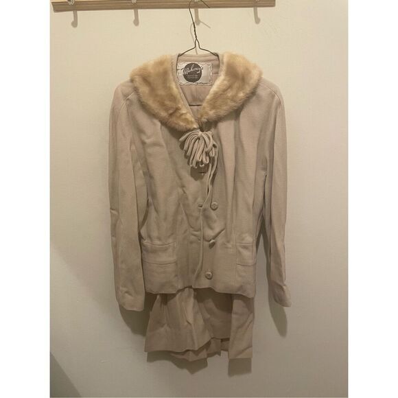 Vintage Mahoney’s beige tan faux fur blazer 2 piece skirt set size medium - Picture 2 of 15